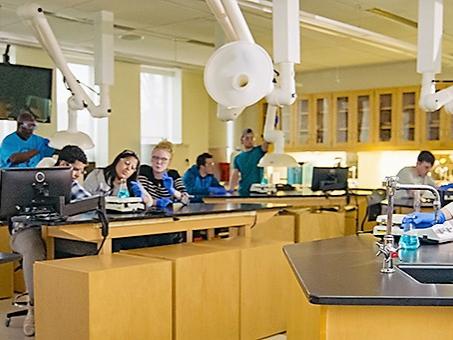 students in chemistry lab with instructor working in a group
