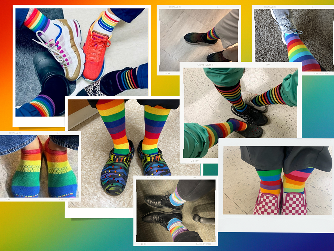 Collage of photos of people’s feet wearing rainbow socks.