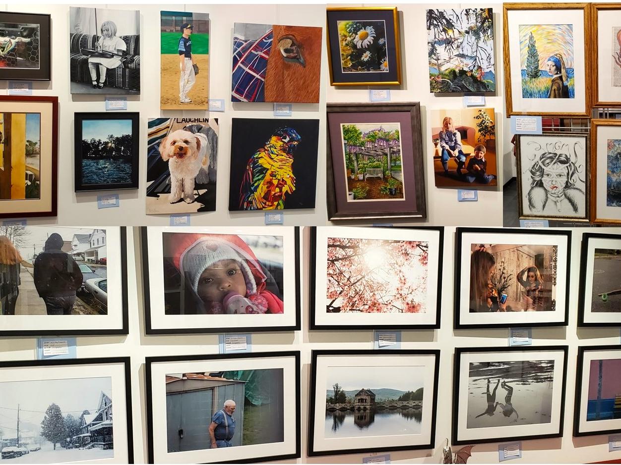 A collage of photographs from an art exhibit