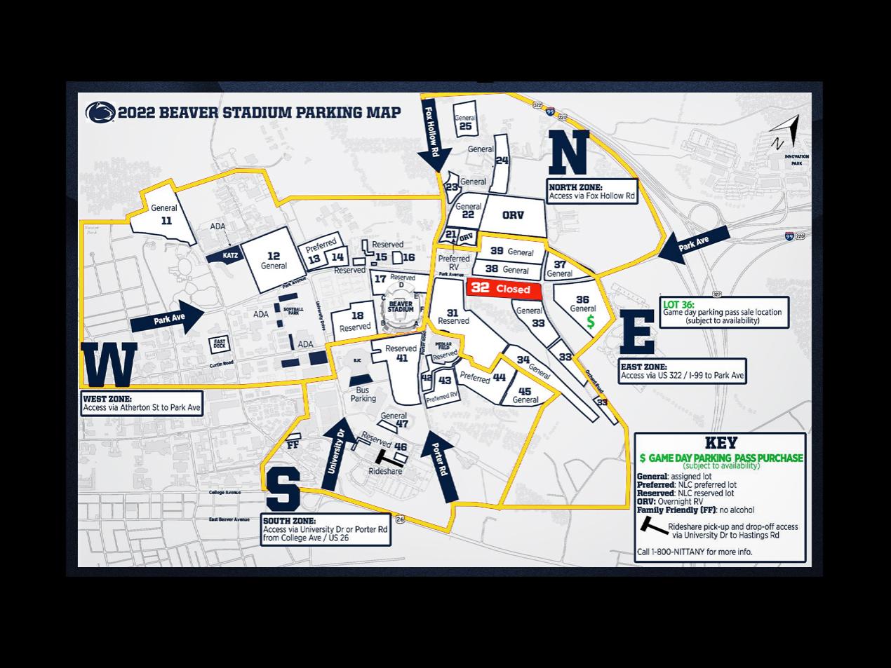 Map of Beaver Stadium parking areas showing the closure of Lot 32