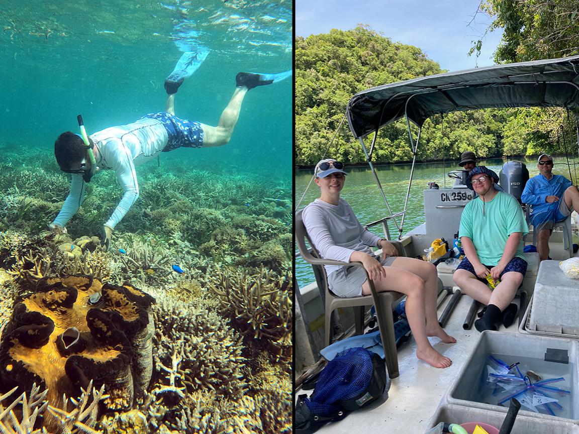 Todd LaJeunesse collecting coral fragments and Caleb Butler processesing coral samples