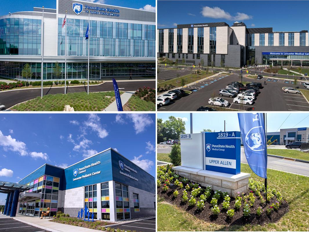 A composite image depicting Penn State Health's Hampden Medical Center, Lancaster Medical Center, Lancaster Pediatric Center and Penn State Health Medical Group - Upper Allen.