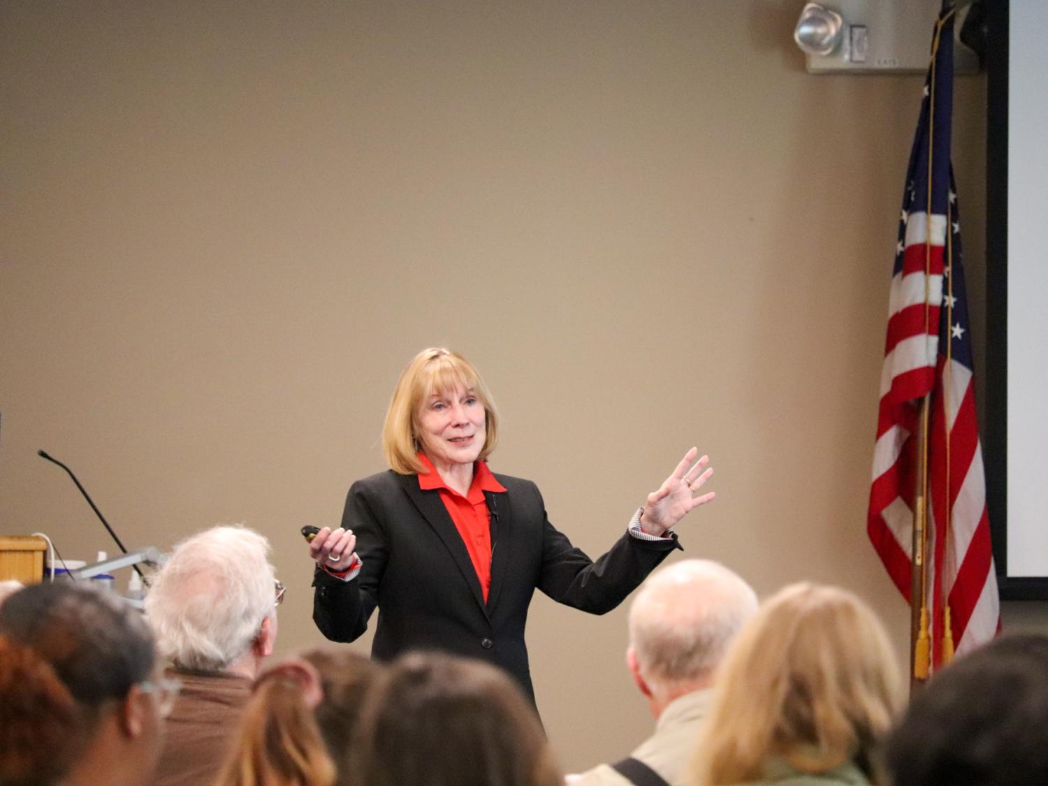 Katherine Ramsland speaking with guests at Penn State Lehigh Valley