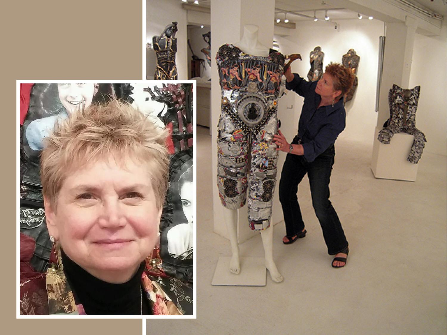 head shot and candid image of standing woman touching metal sculpture of female armor on mannequin