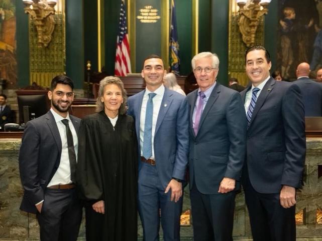 Senator Nick Miller (center) with Previn Joseph, Miller’s mother, Lehigh County Judge Michele Varricchio, Mike Krajsa, and Chris LaBonge