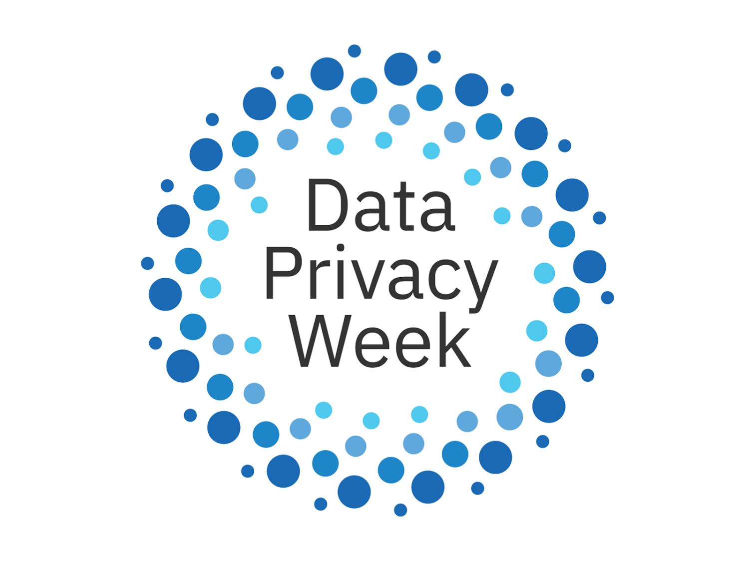 Data Privacy Week logo. The text is back and is surrounded by blue dots.