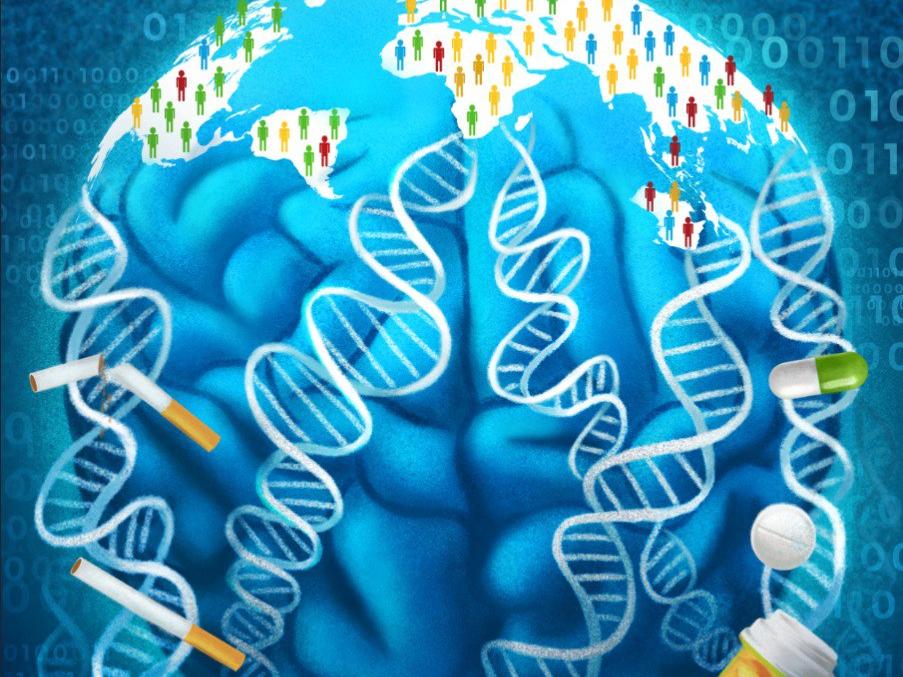A decorative image shows a globe that up close is actually a brain with people standing on different continents in the northern hemisphere. The southern hemisphere of the brain shows multiple strands of DNA and cigarettes and various drugs, pills and a prescription bottle full of pills. In the background of the image are sequences of zeroes and ones. 