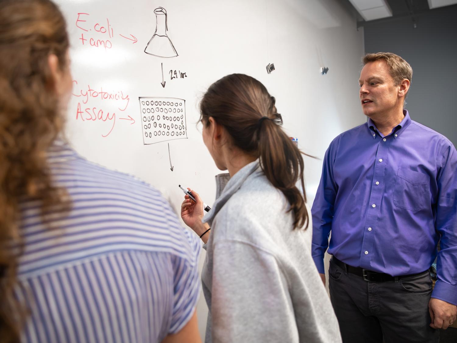 Three people work at a whiteboard.