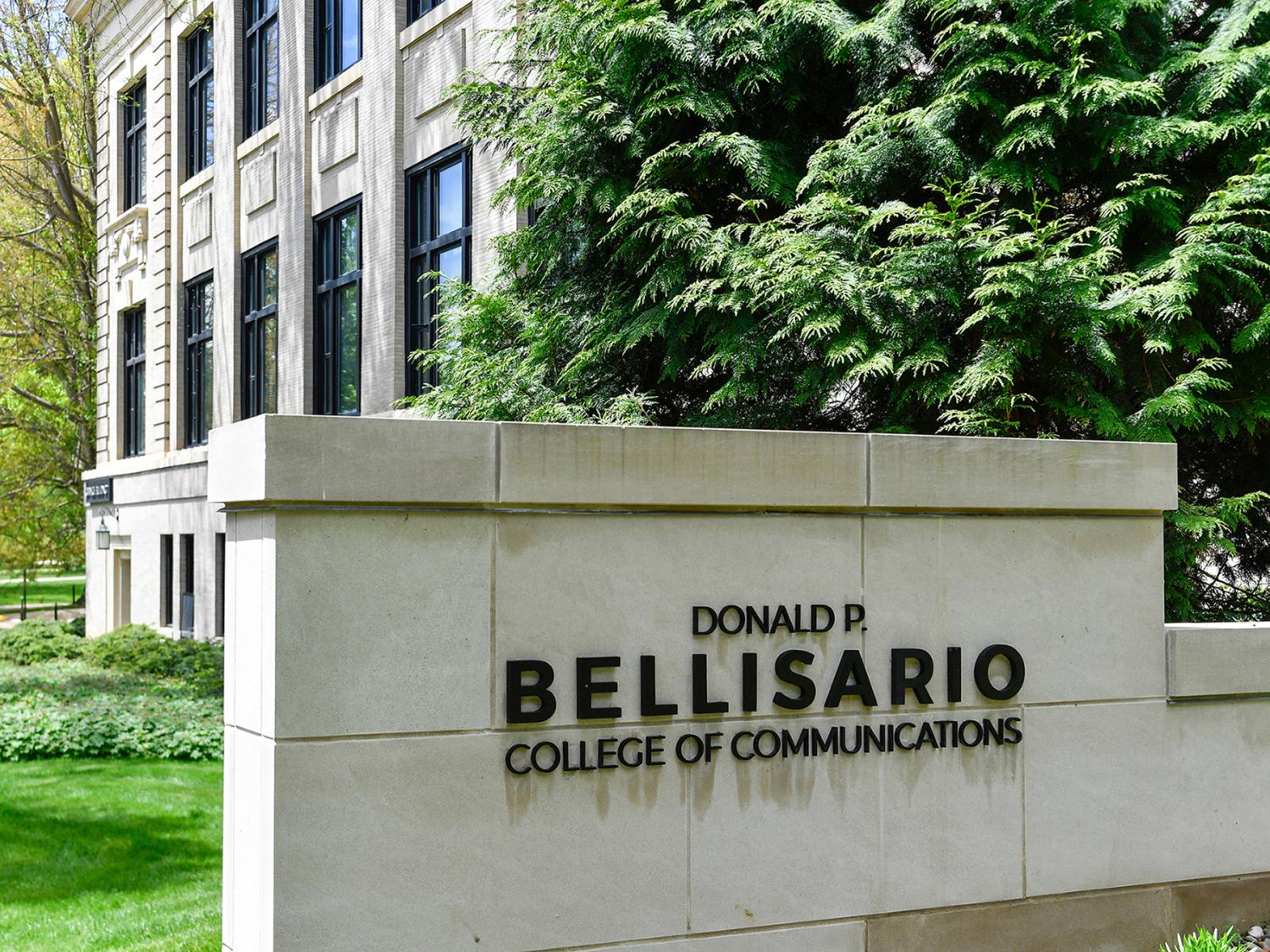 A photo of the exterior sign of the Donald P. Bellisario College of Communications.