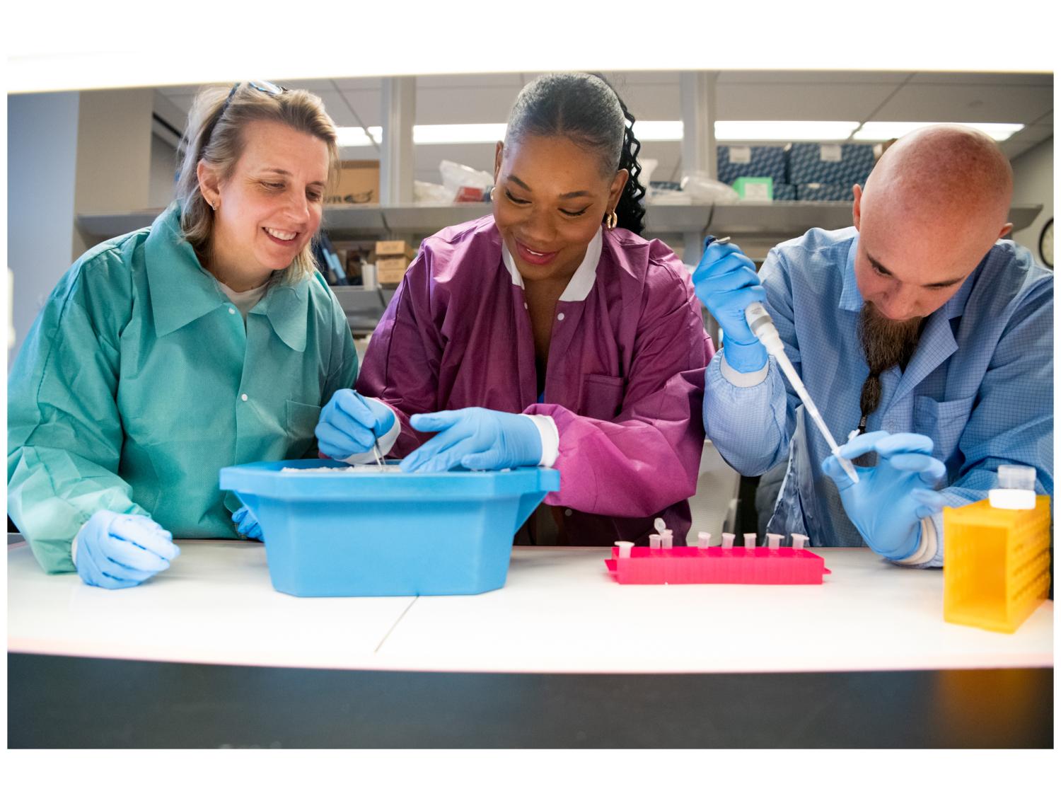 Beth McGraw,  Fhallon Ware-Gilmore, and Matt Jones working in the lab