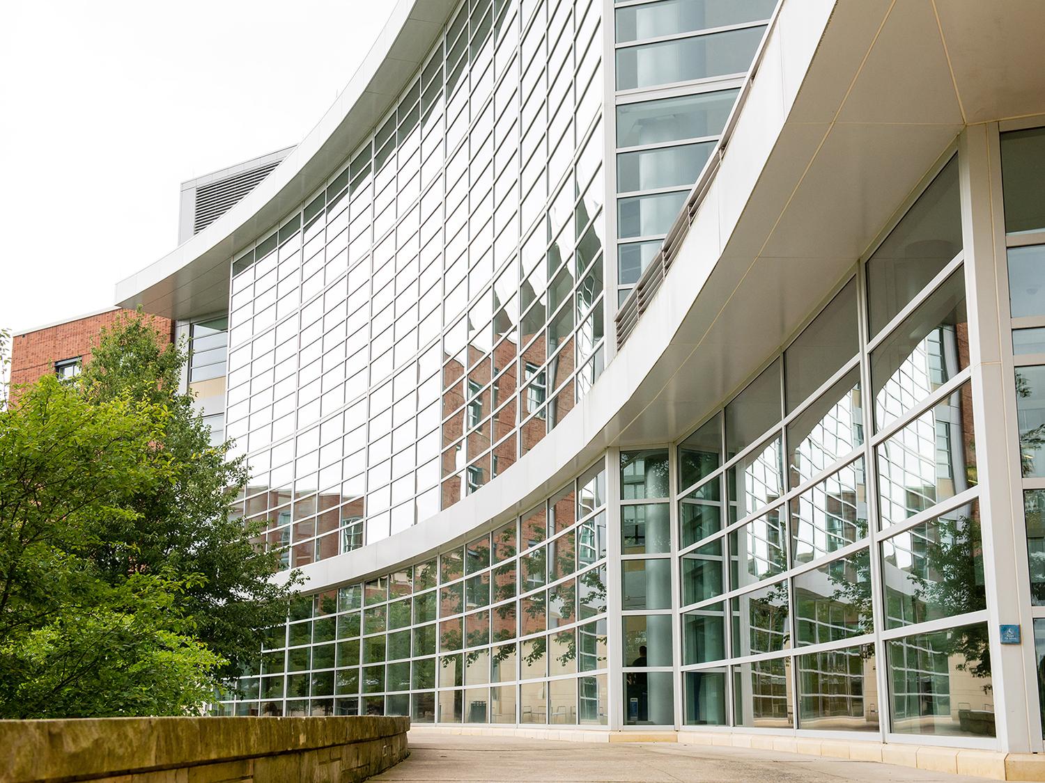 A photo of the curved front of the Business Building