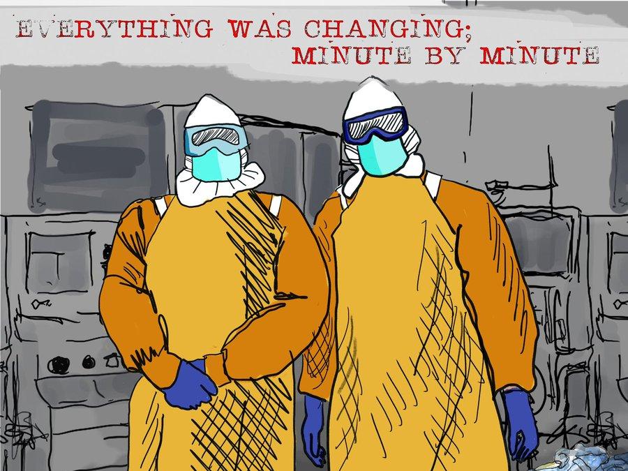 Animation of emergency room nurses with full protective gear.