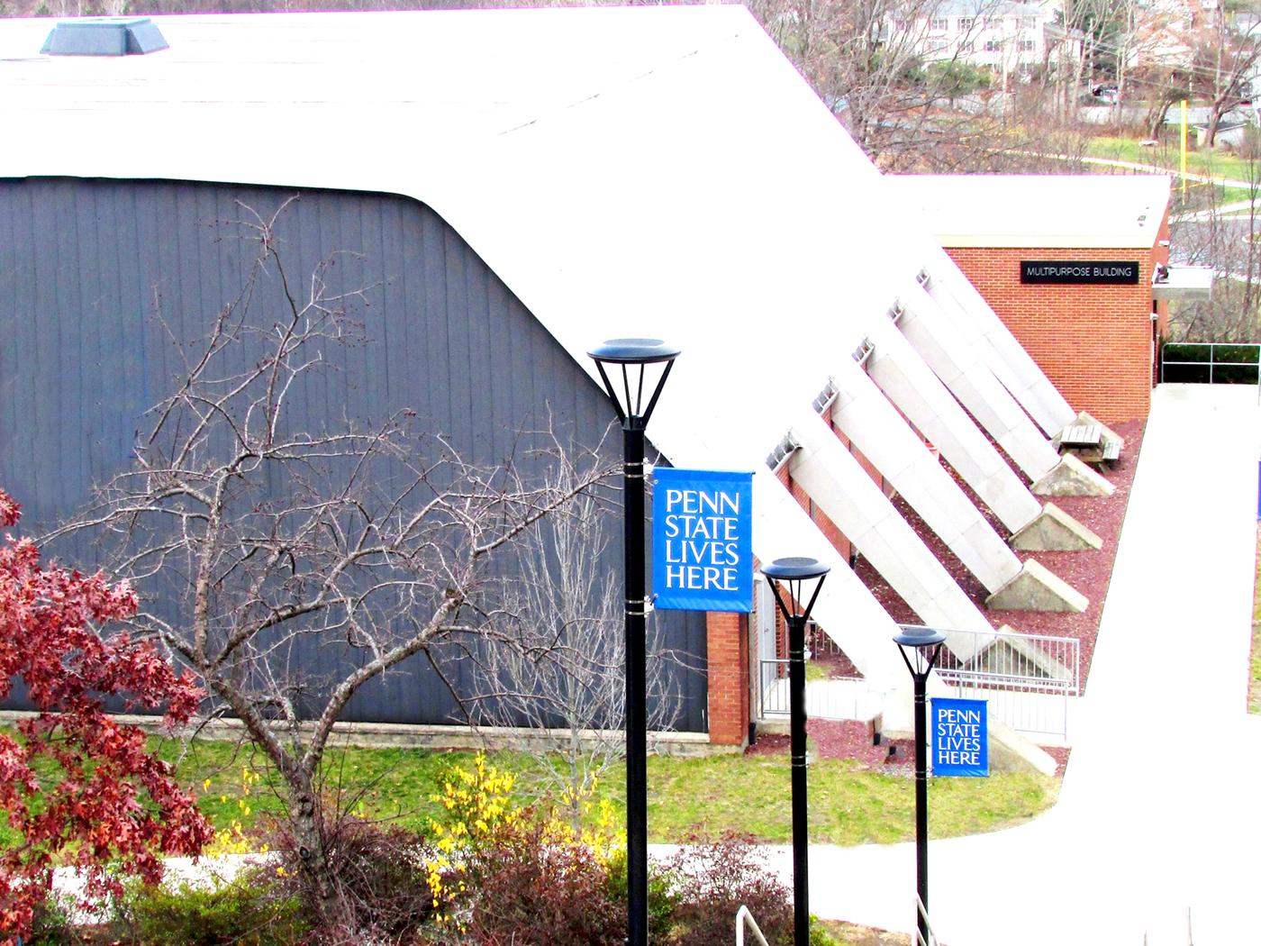 outside shot looking down on the exterior of the multipurpose building 