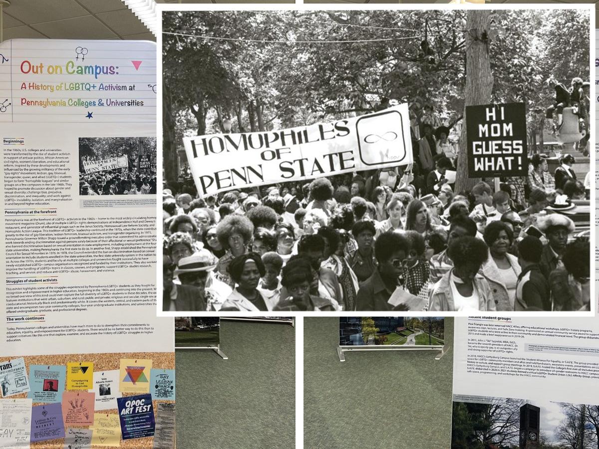 2 photos of tall banners on stands, 1 photo of 1972 crowd and 2 banners worded Homophiles of Penn State, Hi Mom Guess What