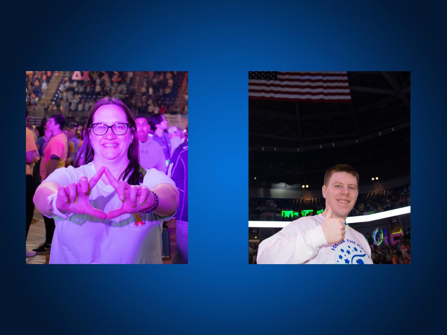 Two photos of a man and a woman on a blue background.
