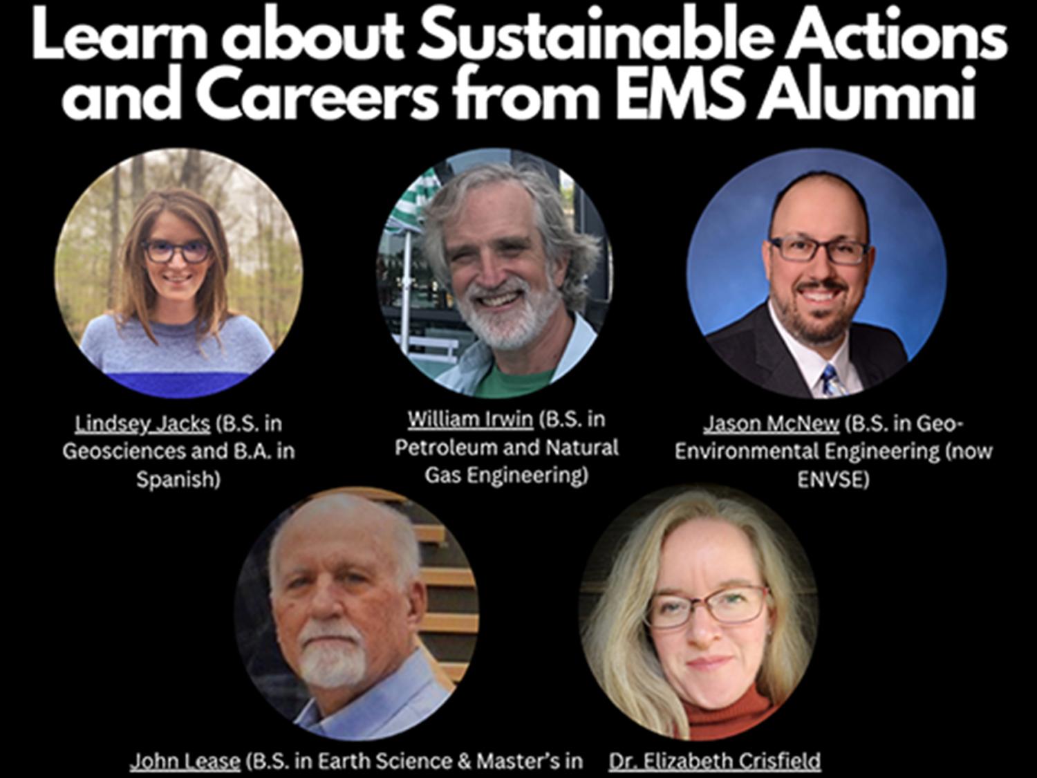 An image of five people's faces with the words Learn about Sustainable Actions and Careers from EMS Alumni