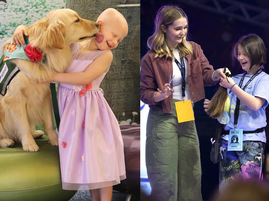 Two images are shown side-by-side. On the left, a little girl with no hair receives a kiss from a golden retriever. On the right, the same girl has a full head of hair, smiling downward at her own clipped hair handed to her by a woman.