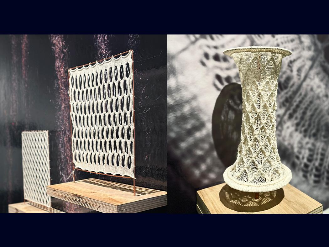 A split screen image of two knitted textiles on display in the exhibition.