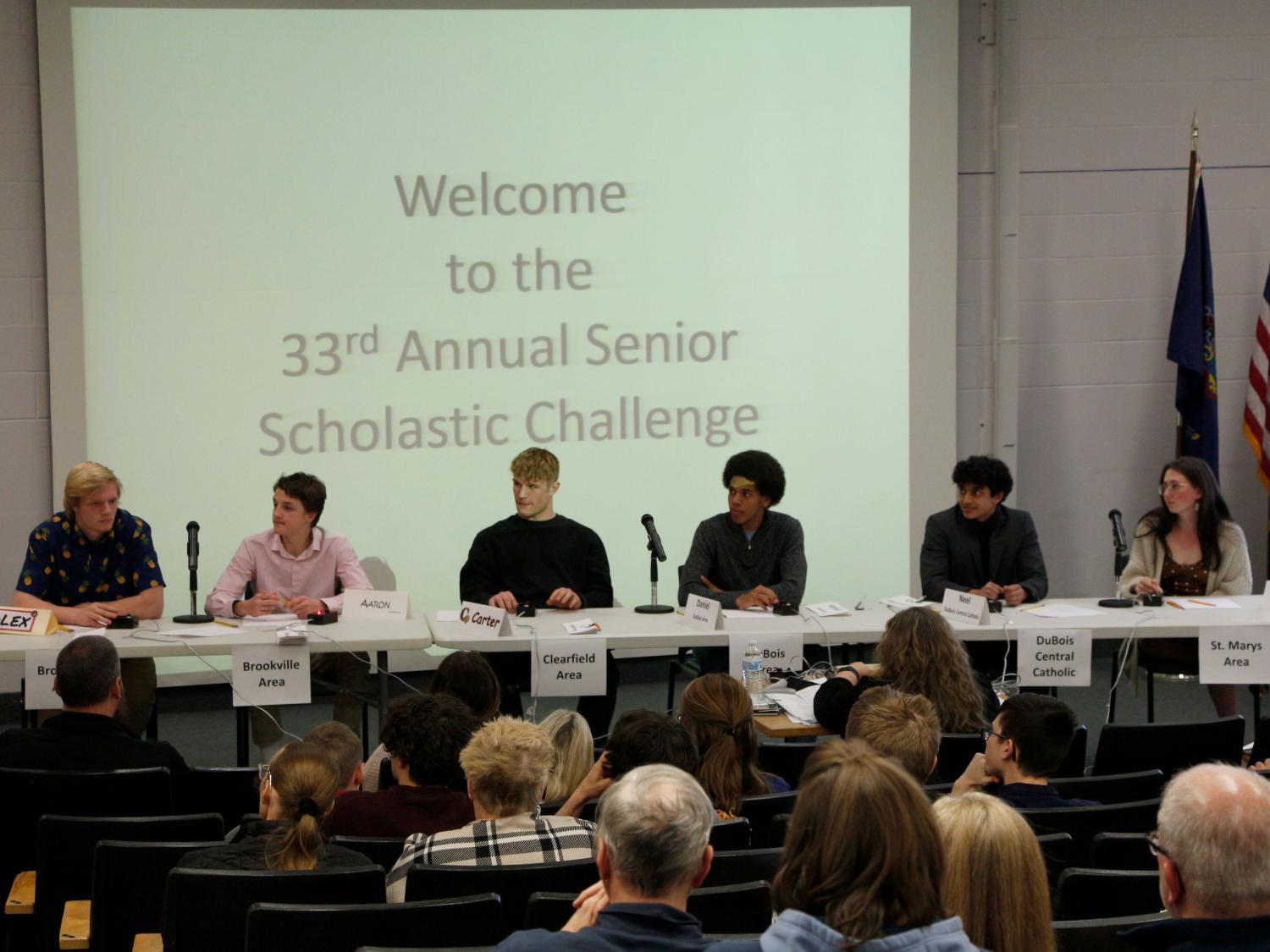 Students prepare to answer questions during their preliminary round during the senior scholastic challenge in the Hiller Auditorium at Penn State DuBois
