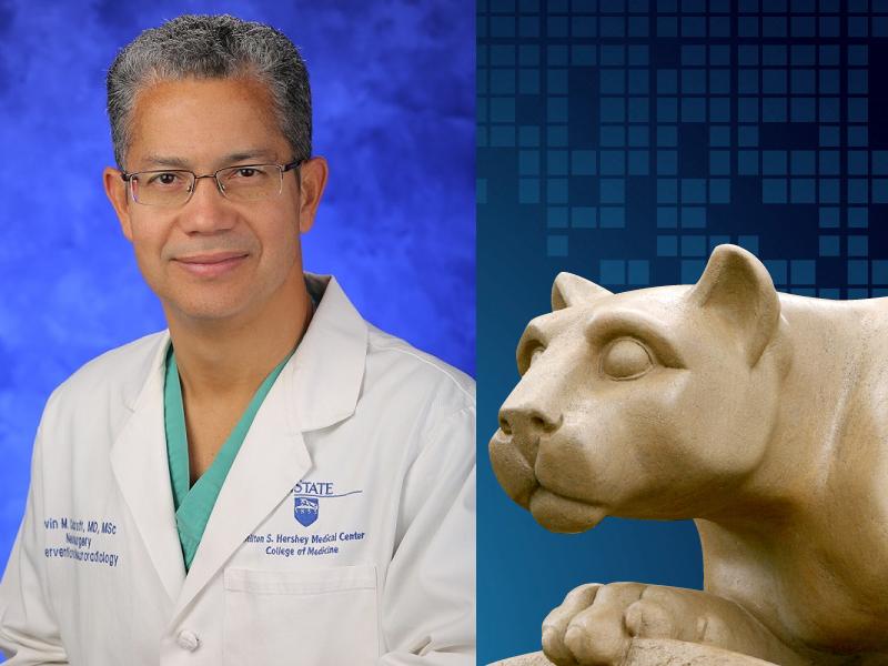 A headshot of a man in a white doctor's coat overlaid on a graphic with a statue of a lion