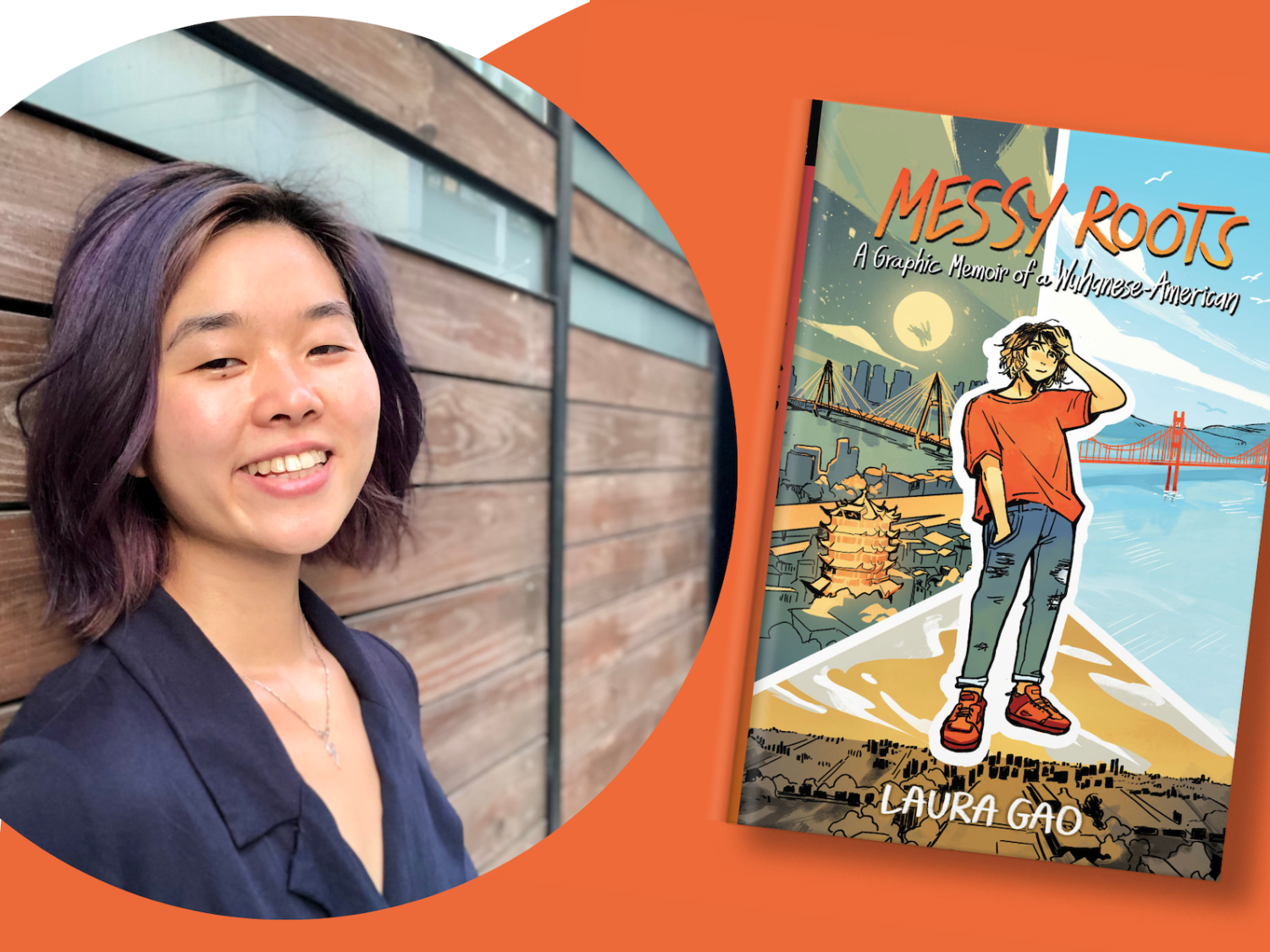 collage image of woman leaning against plank wall and her book cover title Messy Roots