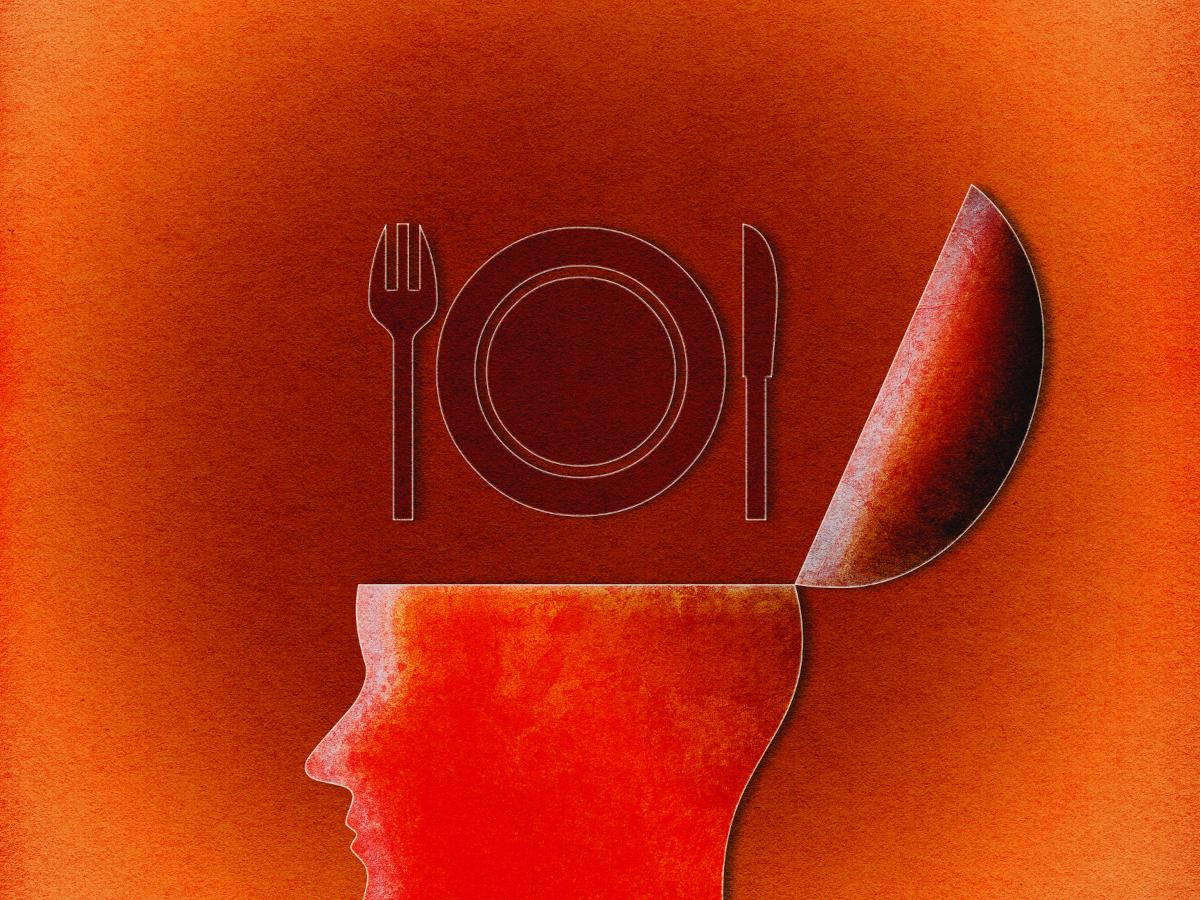 Side view open head illustration with knife, fork and plate.