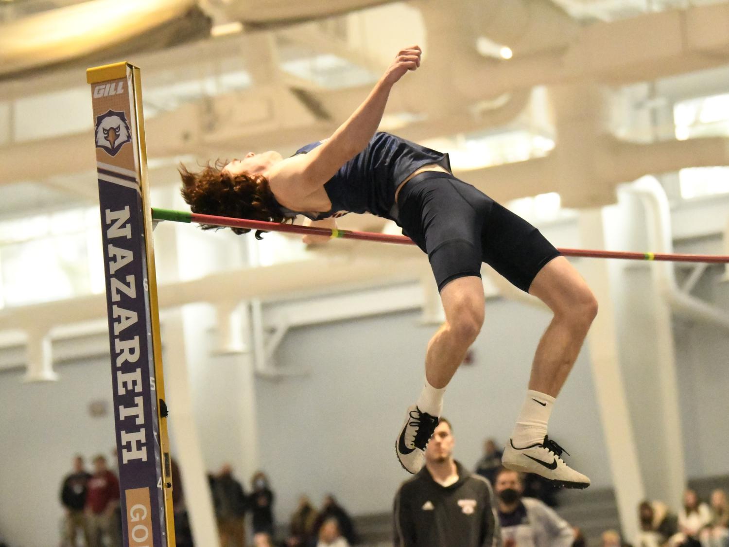 Penn State Behrend high-jumper Samuel Hetrick clears the bar during a track-and-field meet.