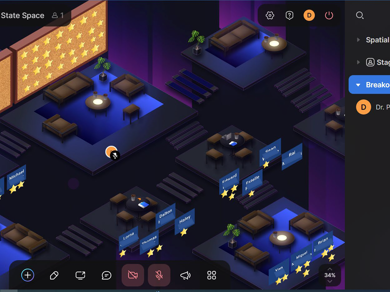 Visual representation illustrating a virtual classroom with desks and bulletin board.