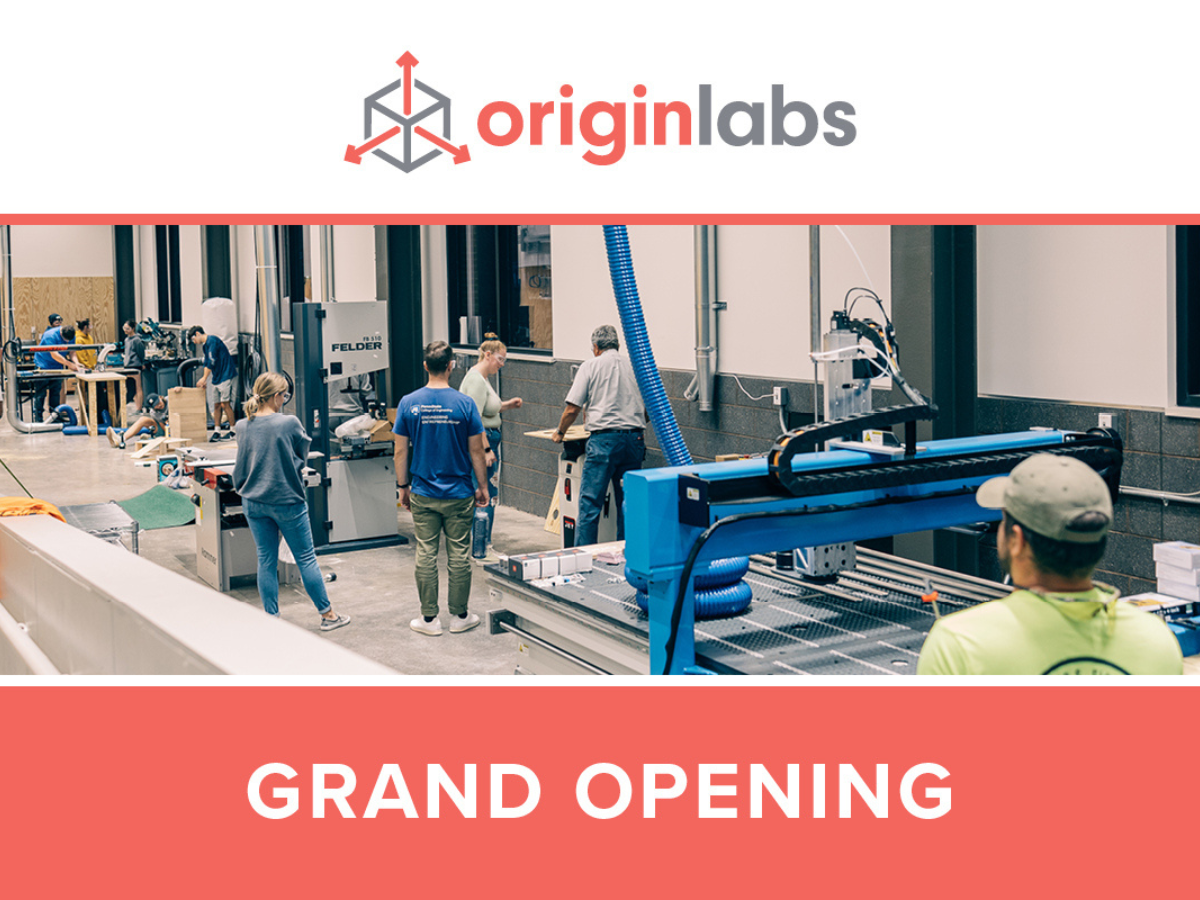 OriginLabs grand opening graphic with an image of the OriginLabs space and equipment