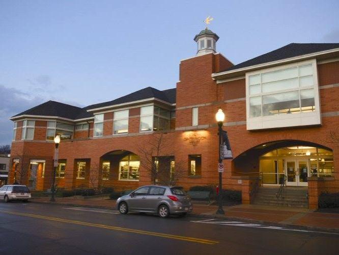 Schlow Centre Region Library building in downtown State College at night