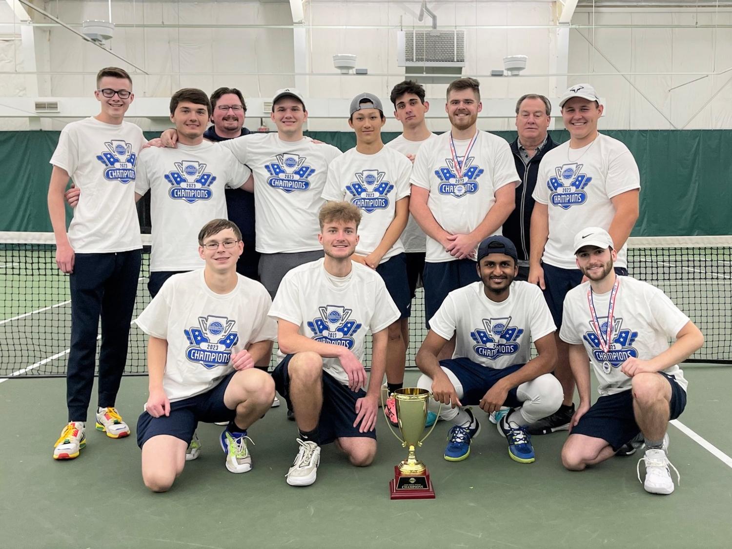 The Penn State Behrend men's tennis team poses with the trophy after winning the AMCC championship.