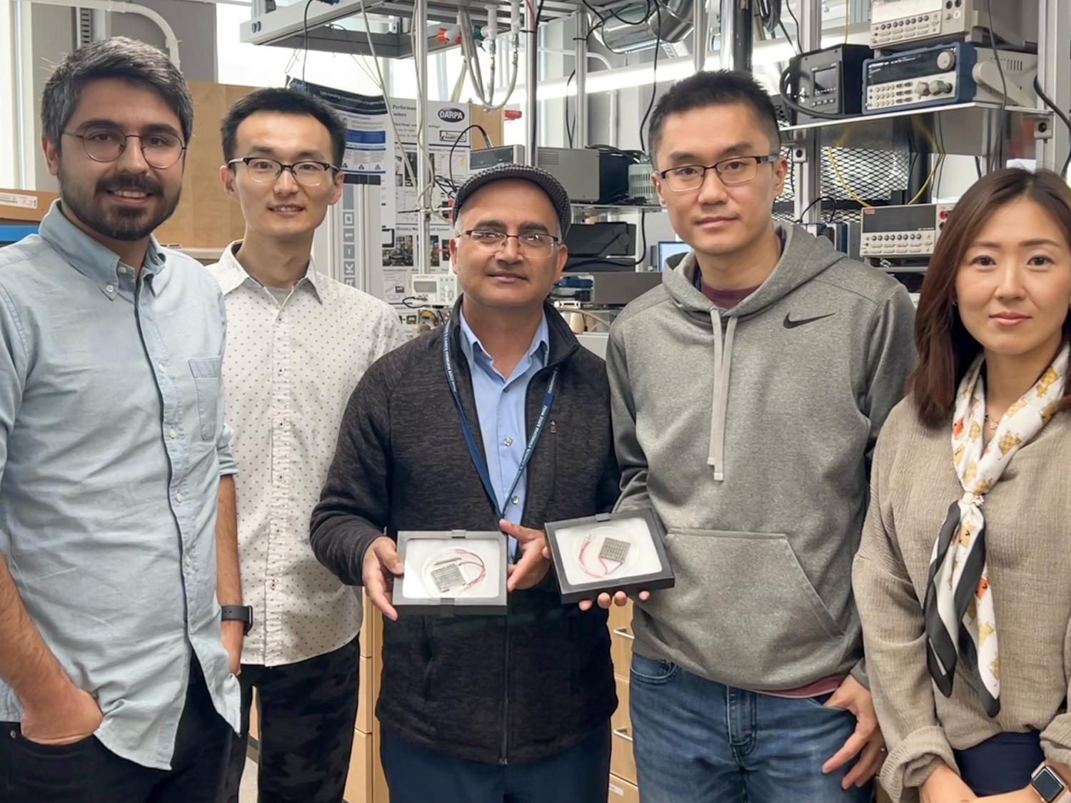 Penn State scientists display the thermoelectric modules they created
