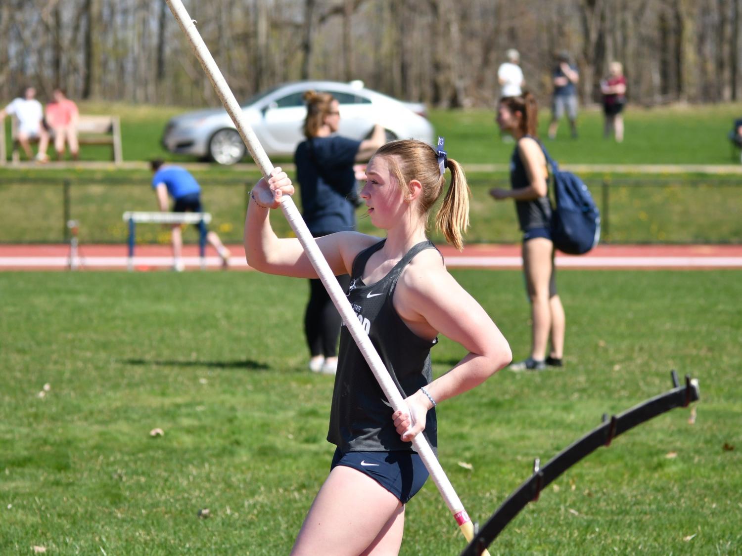 Penn State Behrend track and field athlete Madison Kappeler prepares to compete in the pole vault.