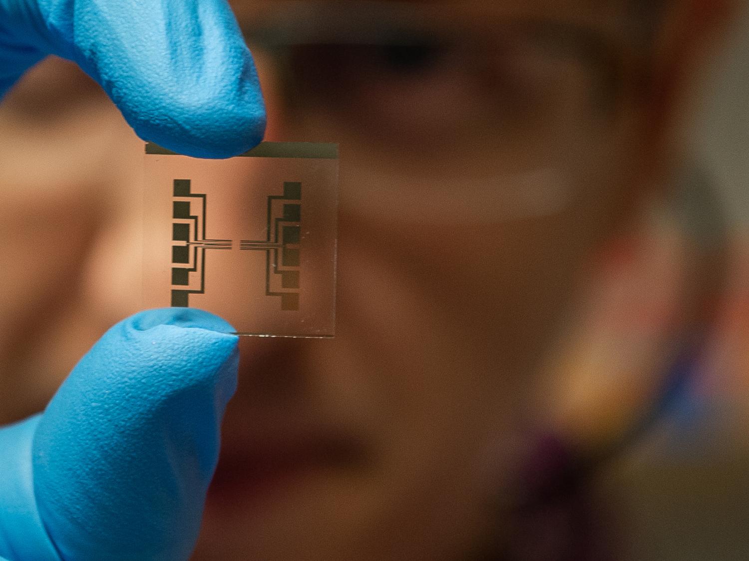A researcher holding a chip between their thumb and forefinger, with their face blurred in the background.