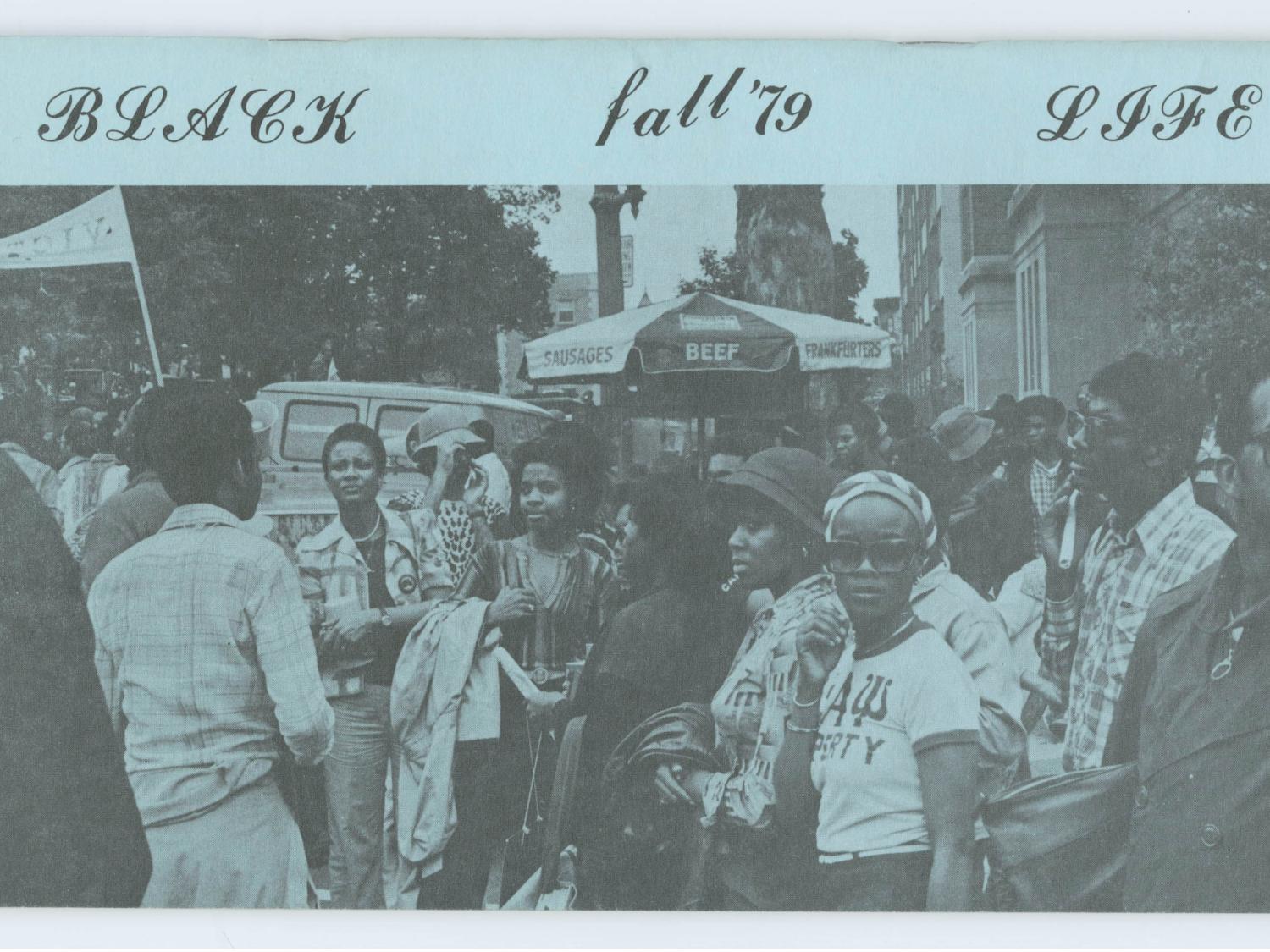 group of people standing outside, black and white photo