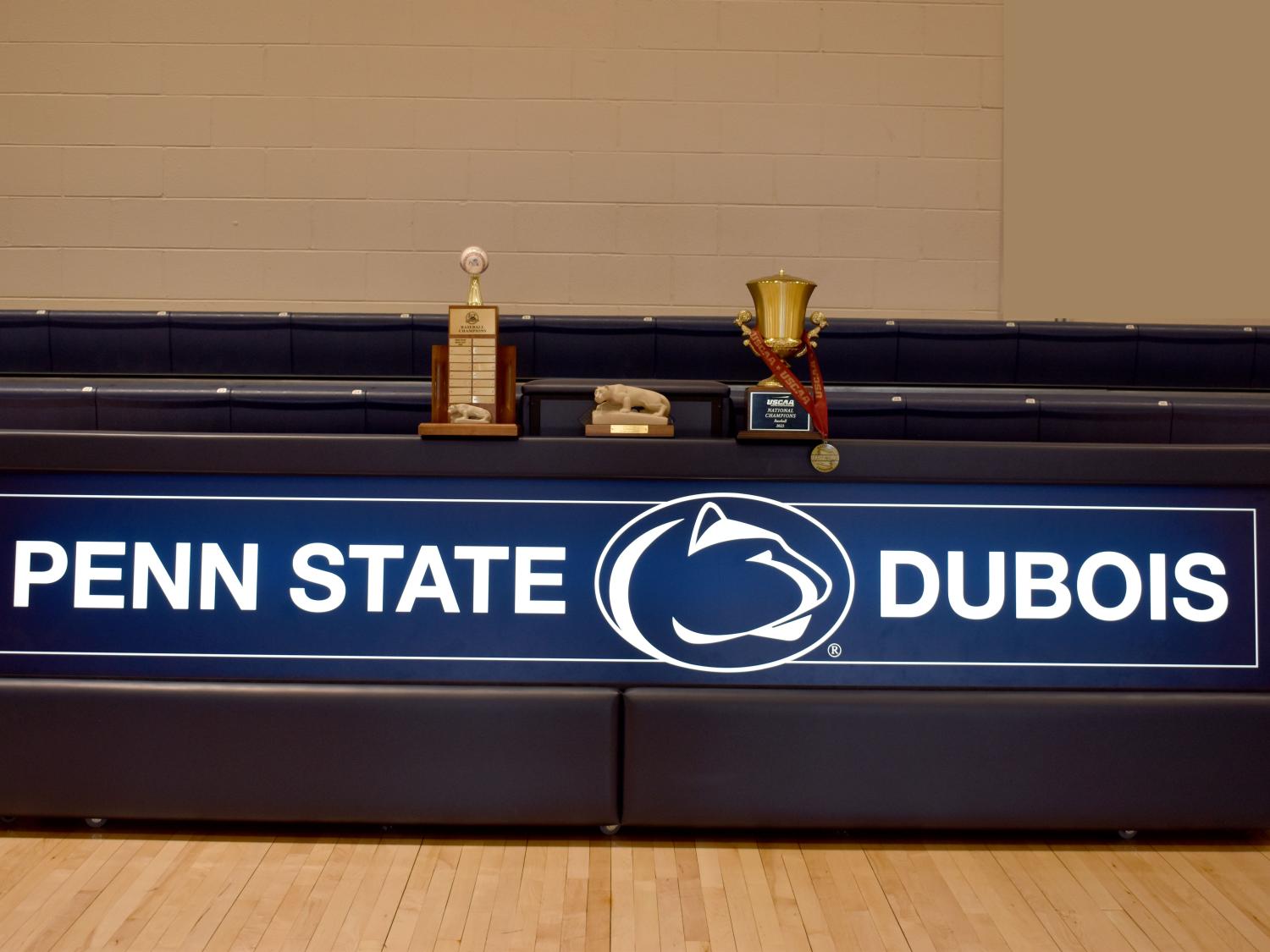 Several trophies on display in the PAW Center that the athletic teams at Penn State DuBois won during the athletic year