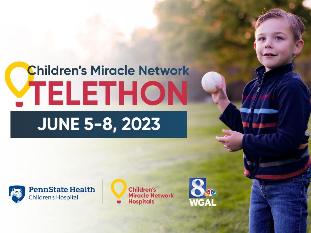 A photo of a young boy holding a baseball next to the words "Children's Miracle Network Telethon; June 5-8, 2023"