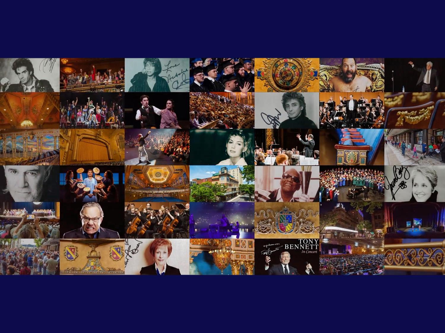 A college of photos showing the Community Arts Center and the artists who have performed there over the last 30 years