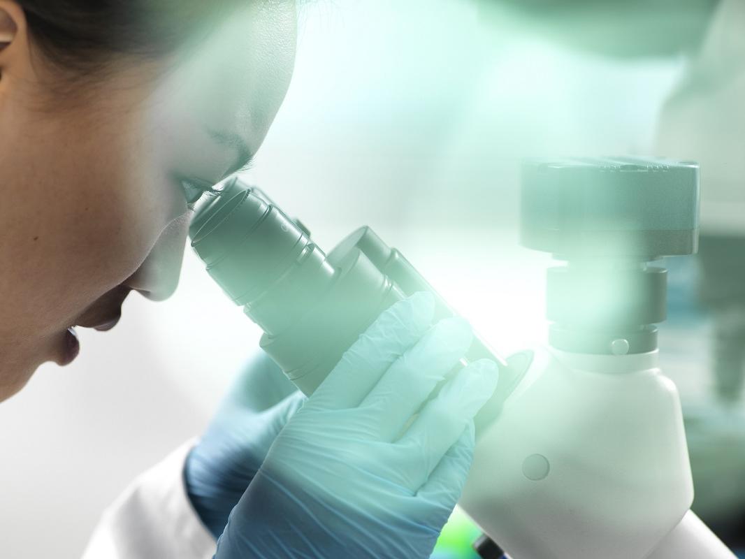 Scientist viewing sample through microscope during experiment in laboratory.