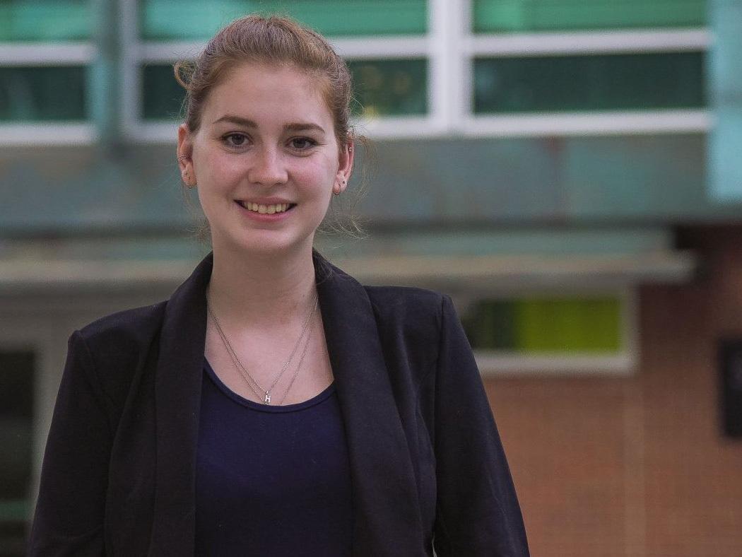 Holly Zimmerman in front of the Stuckeman Family Building.
