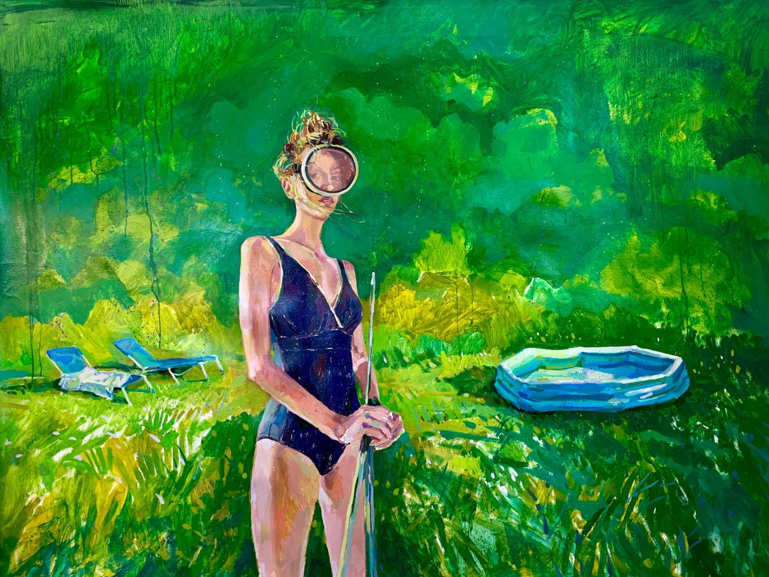 A painted canvas featuring a person in a swimsuit wearing a snorkeling mask standing on green grass. A round plastic swimming pool and two folding lounge chairs are on the grass behind her.