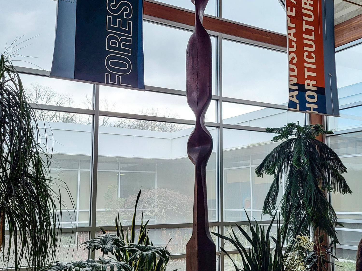 An 18-foot American chestnut sculpture graces the atrium of a center.