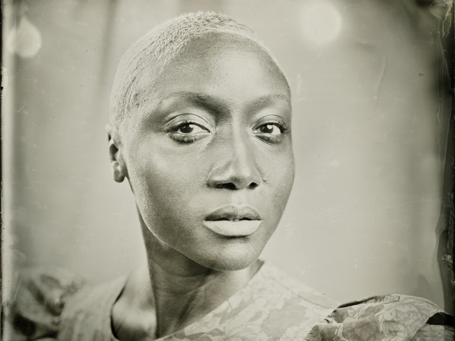 A black and white tintype photo of a person, titled Shannon, by artist Elana Volkova