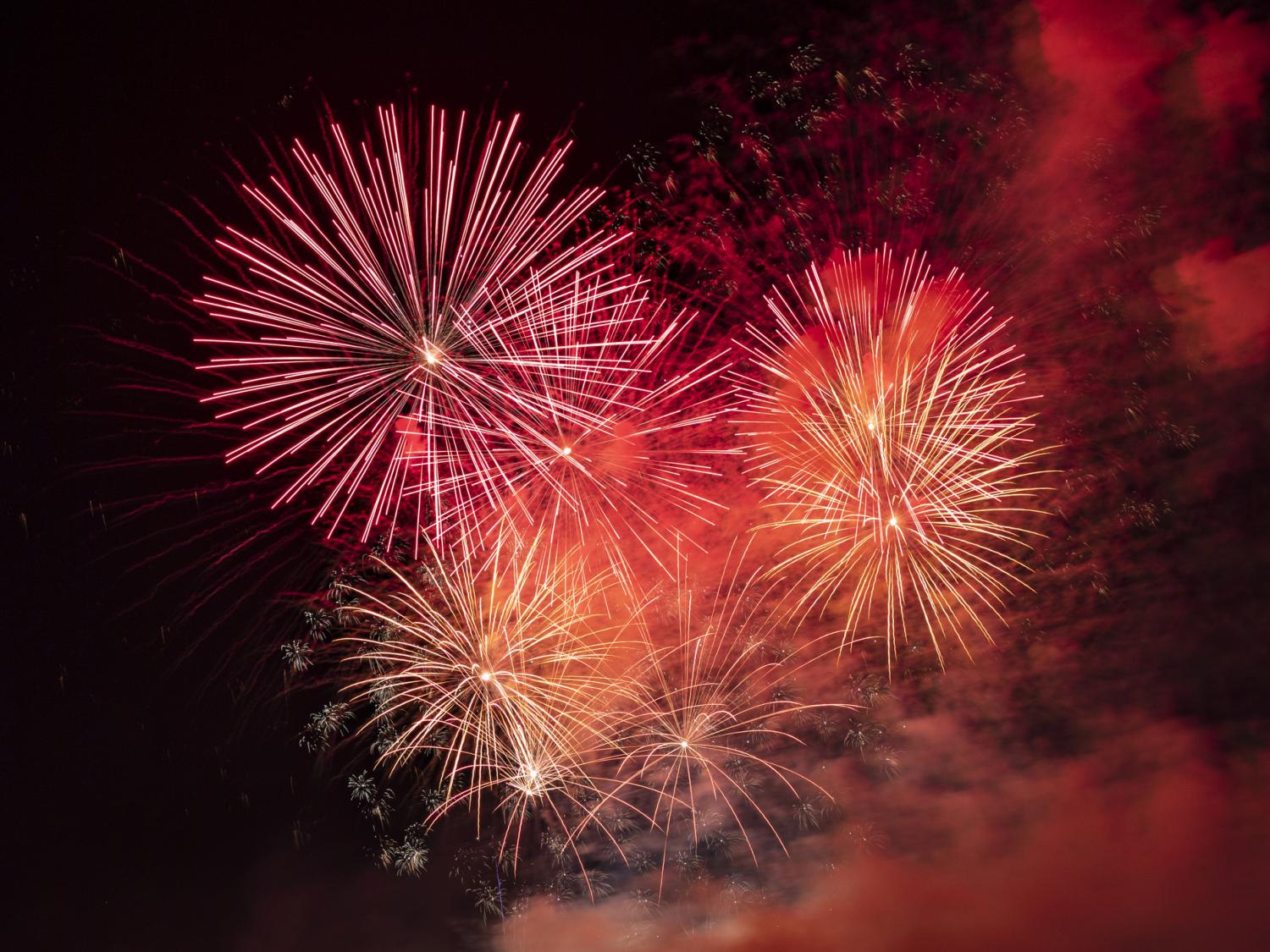 Fireworks are shown exploding in the sky.