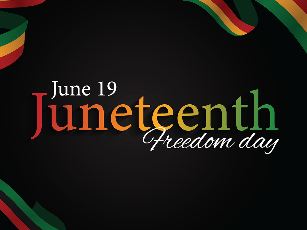 “June 19 Juneteenth Freedom Day” on plain background surrounded by ribbons of colors that represent the African/African American culture.