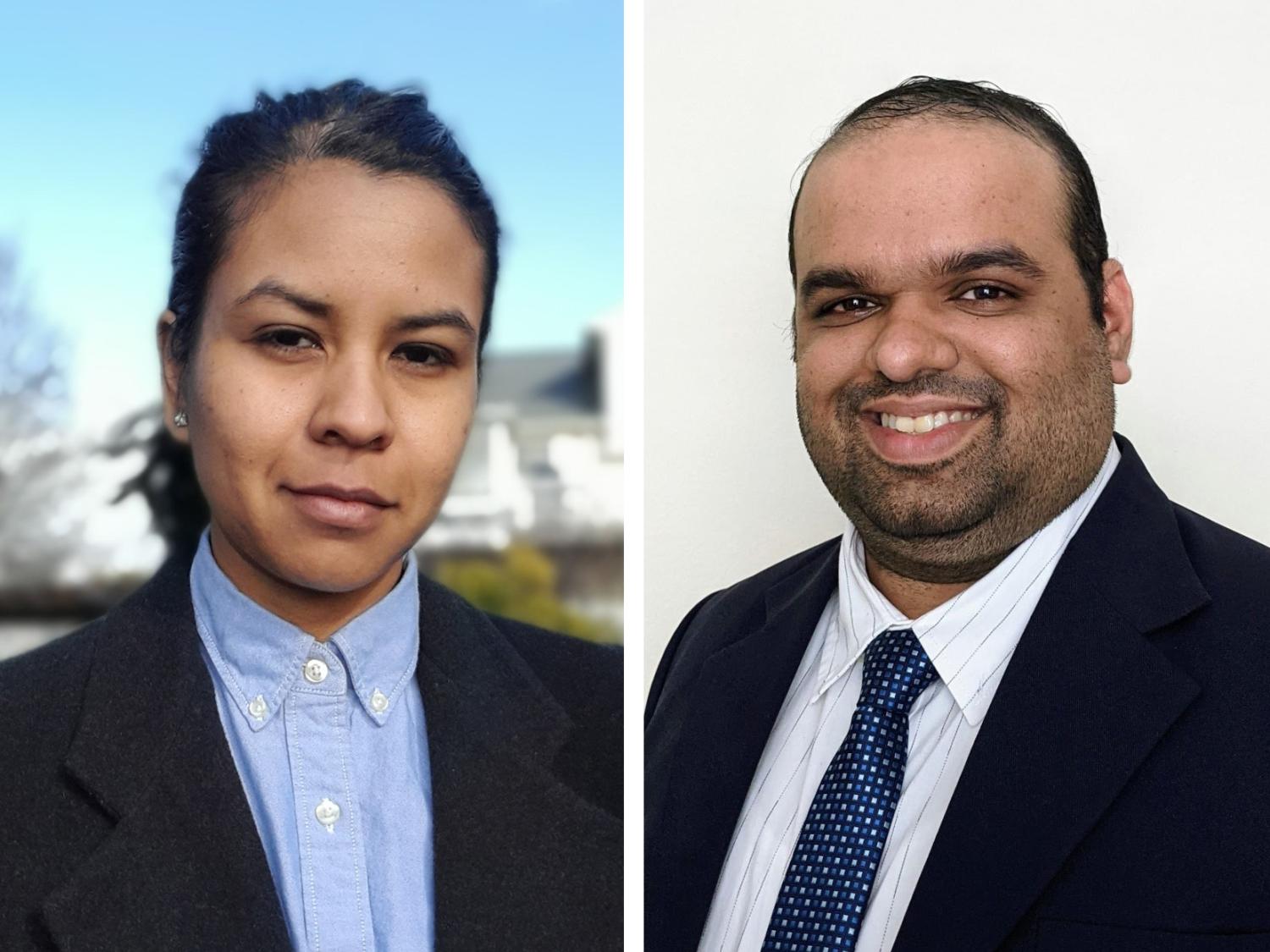 Side by side headshot photos of Penn State Harrisburg graduate student Catherine Suria and Nikhil Menon, assistant professor of civil engineering