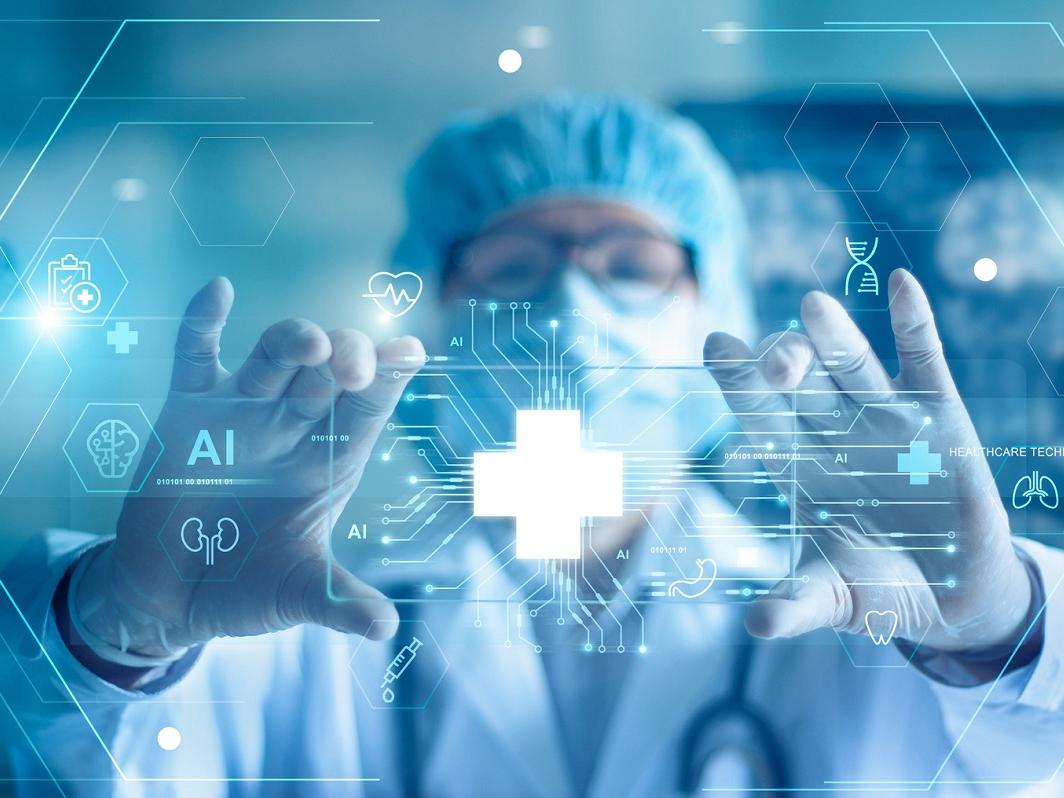 Illustration shows a doctor using AI robots for diagnosis.