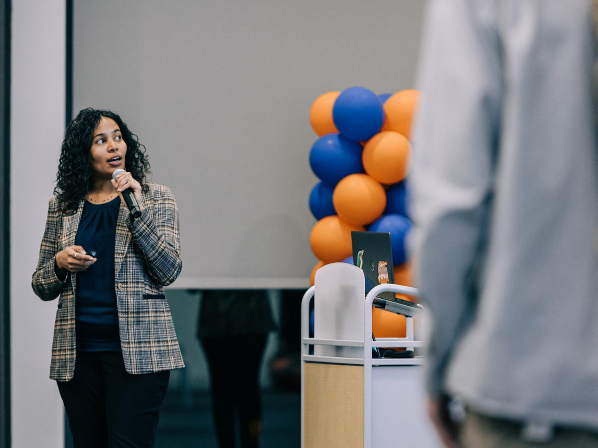 Zoelie Rivera-Ocasio, a soil sciences and biogeochemistry doctoral candidate in the College of Agricultural Sciences at Penn State pitches her startup, Zoils & Pigments, during the Spring 2023 FastTrack Accelerator final pitch event.