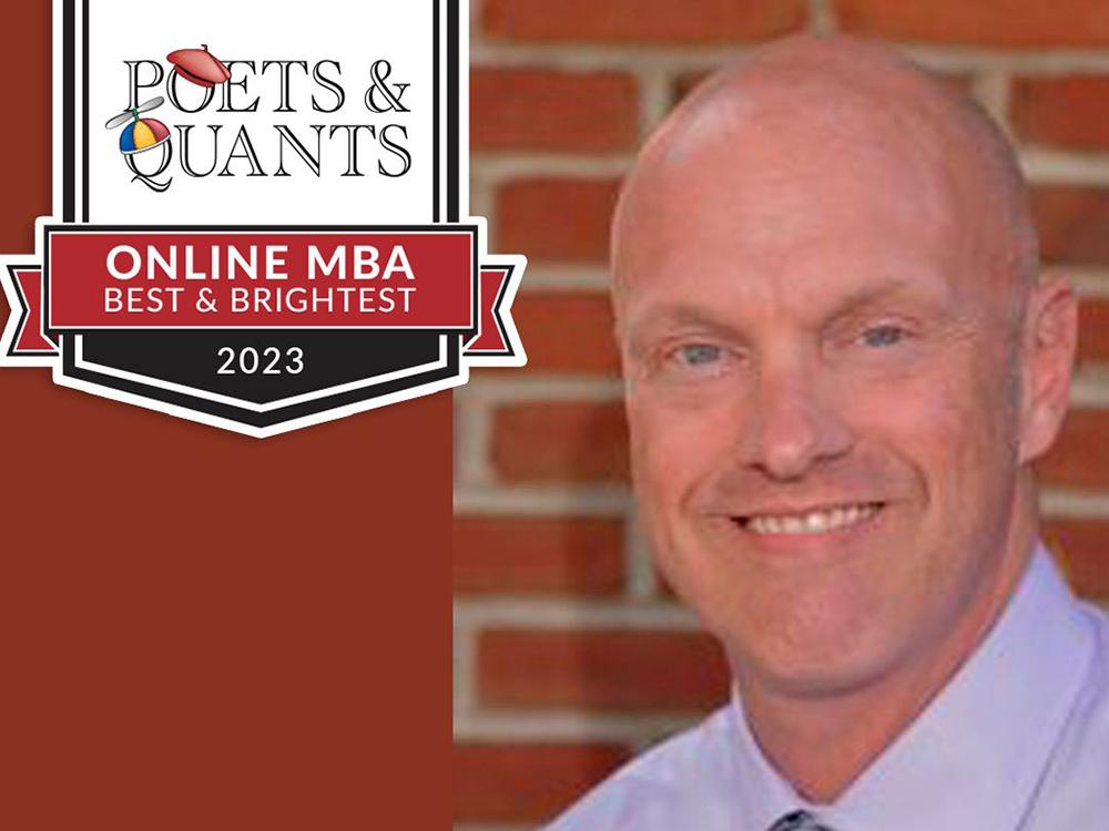 A photo of Robert Saylor with an accompanying graphic that reads: Poets & Quants Online MBA Best & Brightest 2023