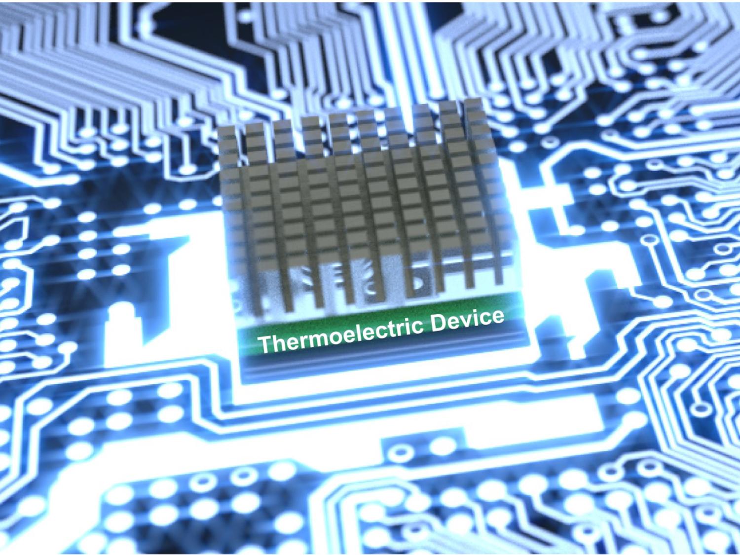 Illustration of a half-heusler thermoelectric device on a computer chip 